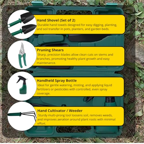 Image of Kraft Seeds Gardening Tools Kit with Box for Home Garden, Gardening Items with Ergonomic Comfort Grip, Includes Pruning Shear, Two Hand Shovel, Spray Bottle & Hand Cultivator