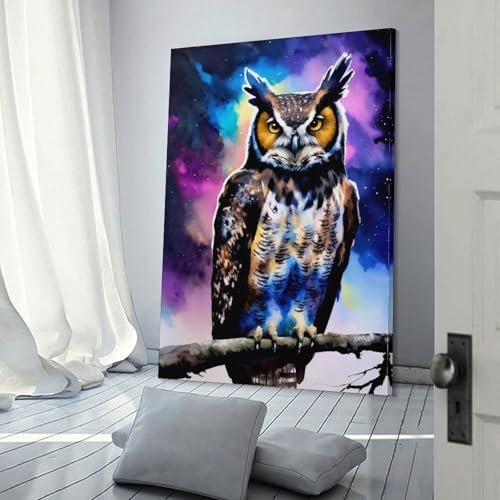 Peinture hibou galactique idee cadeau originale toile decorative moderne 30x45