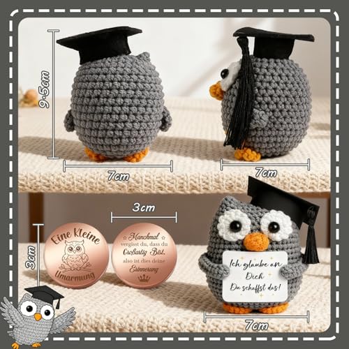 Giftota Pocket Hug Positive Eule - Handgehäkelte Eulen mit Glücksmünze & Lederetui - Glücksbringer & Mutmacher - Gute Besserung - Geschenk für Männer, Frauen