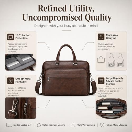 Image of Men's Leather Laptop Bag 15 IN, Water-Resistant Briefcase Messenger Bag for Work, Business, Shoulder Crossbody Office Satchel