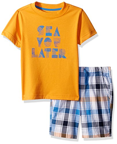Nautica Little Boys Two Piece Set with Crew Neck Graphic Tee and Pull On Short, Orange Plaid, L(7)