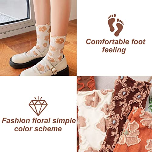 5 Pack Cute Womens Floral Socks, Vintage Embroidered Frilly Floral Ankle Cotton Cottagecore Socks4