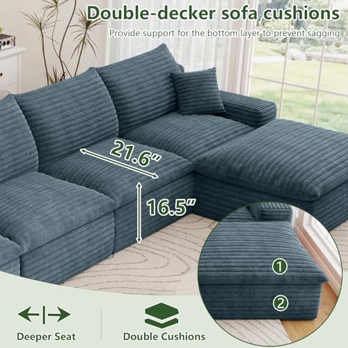 Image of 136 inch Cloud Couch Modular Sectional Sofa for Living Room, L-Shape Boneless Couch with Deep Seat, Modern Corduroy 6-Seater with Ottoman, No Assembly Required,Blue