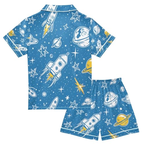 senya Star and Space Blue Satin Summer Pajama Sets Silk Short Sleeve Button Down Sleepwear2