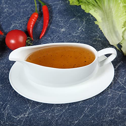Sauciere mit ergonomischem Griff, 400 ml, weißes feines Porzellan mit großem tropffreiem Ausguss, für Soßen, Erwärmen von Saucen, Salatdressings, Milch, mehr, mikrowellen- und gefriergeeignet Cover