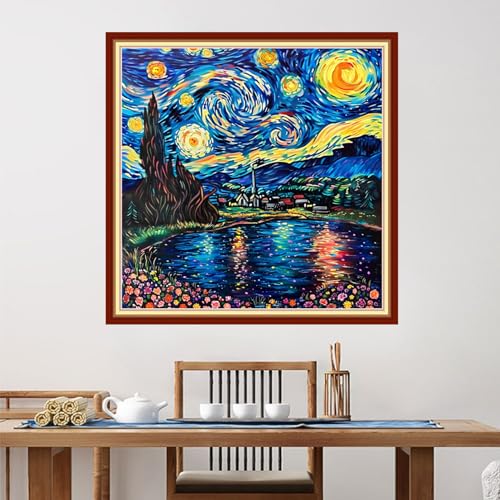 Image of Foxdiviy Stamped Cross Stitch Kits for Beginners Full Range of Cross Stitching 11 CT Printed Cross Stitch Kits for Adults Cross Stitch Patterns Needlepoint Kits-Van Gogh Starry Night 18x18 inch