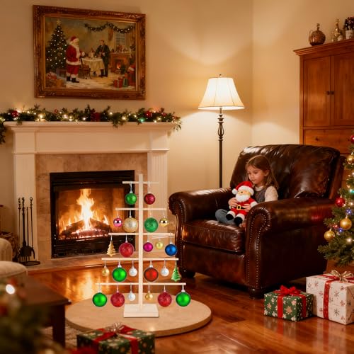 HFYZZ 32.5 Inch Christmas Tree Ornament Stand Holder with Arms Wooden Christmas Ornament Display Stand for Counter Top Ornaments Display Farmhouse Holiday Home Decor