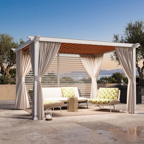Modern Shade Open Sky 10'x12' Outdoor Pergola Cabana with Trellis Roof, Heavy Duty Metal Pergola Gazebo with Privacy Curtains & White Back Privacy Wall, Texilene Sun Shelter Pergola for Patio