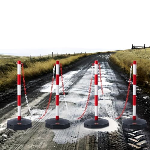 VEVOR Set von 4 Absperrpfosten und 1 Kunststoff-Kette von 10 m Rot und Weiß, Sperrpfosten, Poller Aus PE-Kunststoff für die Verkehrskontrolle oder Warnung an der Auffahrt, Garage, dem Tor usw. Rot