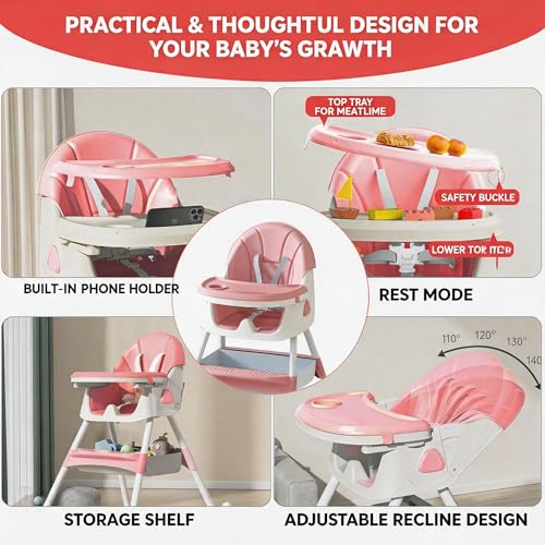 2026 Baby High Chair, 3 in 1 Foldable and Adjustable Baby Highchair, Convertible Highchair for Babies and Toddlers, Infant Dining Booster Seat with Removable Tray (Pink) - Image 4
