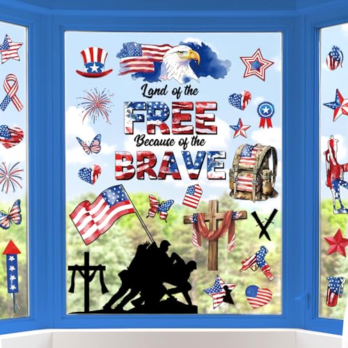 gisgfim America Patriotic Window Clings Decoration 4th of July Window Stickers Veterans Memorial Day Window Decals Land of Free USA Flag Cross Military Soldier Boots Sticker for Home Party Supplies
