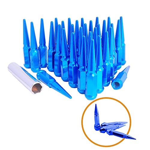 14mmx1.5 Wheel Spike Lug Nuts, 32 x Blue M14x1.5 Lug Nut,Conical Bulge Seat,Closed End Nuts for Chevy Silverado w/ 1 Socket Key Aftermarket Wheel and Gift 4 Pcs Blue Aluminum Tires Valve Stem Cover