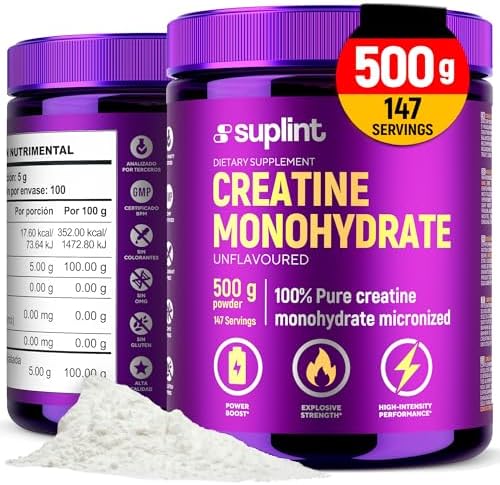 Creatin Monohydrat Pulver 500 g – 100% Rein, Mikronisiert – 147 Portionen | Sportnahrung für Kraft, Muskeln & Regeneration – 3,4 g Kreatin-Monohydrat pro Tag – Vegan, Mikronisiert