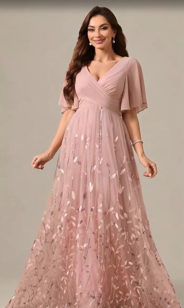 Mother of Bride Dresses for Wedding Leaf Sequin Formal Dress Tulle Short Sleeves Chiffon V Neck Evening Gowns