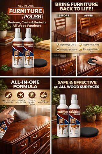 Image of All-in-One Wood Furniture Polish Spray (100ml) with Applicator Sponge | Scratch Remover, Cleaner, Shiner & Protector for Wooden Surfaces | Restores Natural Gloss Finish (Pack of 1)