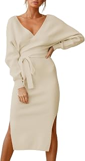 Women's Elegant V Neck Wrap Sweater Dress Long Sleeve Bodycon Knit Midi Dress with Belted