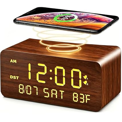 Andoolex Wooden Digital Alarm Clock with Wireless Charging, 0 100 % Adjustable Brightness Dimmer