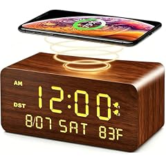 Andoolex Wooden Digital Alarm Clock with Wireless Charging, 0 100 % Adjustable Brightness Dimmer