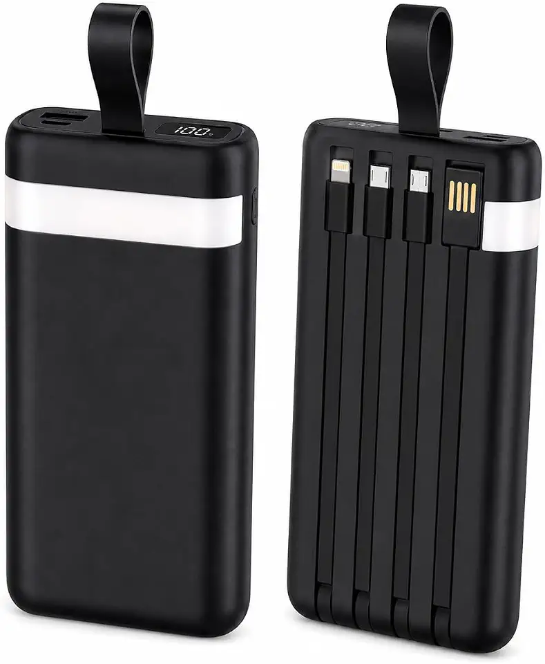 Carregador Portátil Power Bank 20000mAh 4 Cabos Integrados Lightning Tipo-C Micro USB USB-A com Lanterna Integrada e Visor Digital – Compatível com iPhone Android iPad e Notebooks