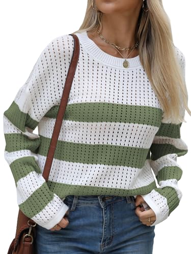 Crochet Sweaters for Women Casual Striped Sweaters Loose Hollow Out Knit Pullover Jumper Tops Fall Outfits