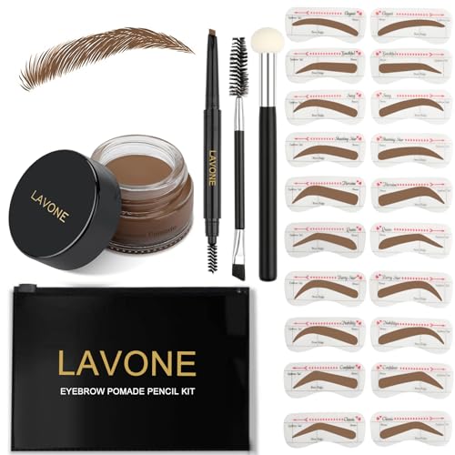 LAVONE Eyebrow Stamp Stencil Kit, Brow Stamp Trio Kit with Waterproof Eyebrow Pencil, Pomade, 20 Eyebrow Stencils, Dual-ended Eyebrow Brush and Sponge Applicator - Soft Brown