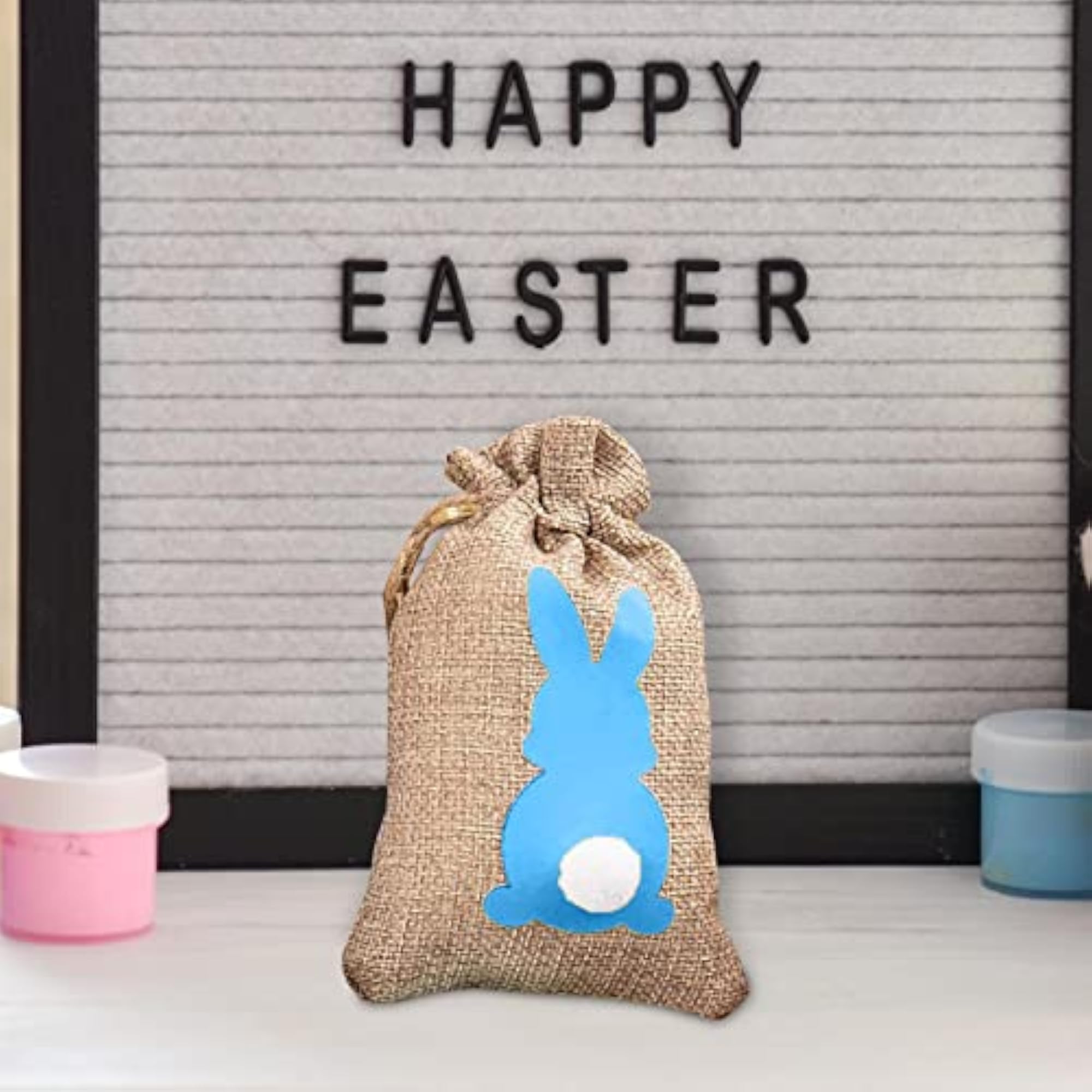 Easter Bunny Decor Drawstring Burlap Bag, 14x10cm, Party Favors