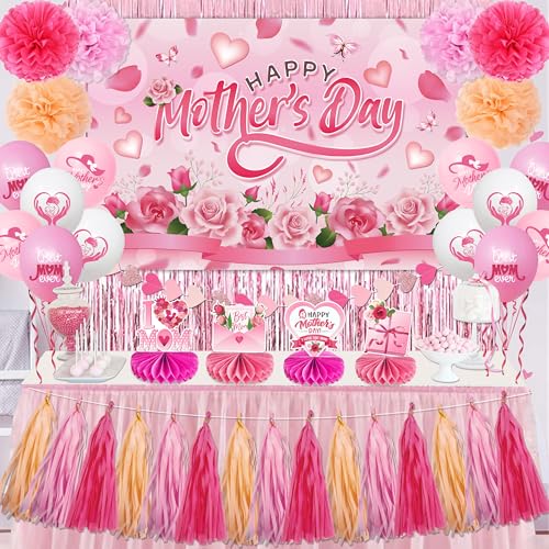 Mother's Day Decorations Pink Floral Happy Mothers Day Backdrop Honeycomb Table Centerpieces Balloons Foil Curtains Paper Pom Poms Wall Hanging Dining Decor Mothers Day Party Supplies by Haimimall - Used condition - US$21.88