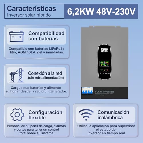 Miniatura 8 de Datouboss 6200w Inversor Solar Híbrido 48v, Onda Pura, Compatible Con Campo Fv Hasta 8500w, Potencia Fv 6500w, Protección Contra Rayos, Arranque Sin Batería, Regulador Mppt Integrado 120a, Off-Grid