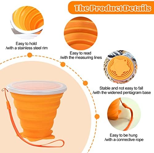 SwirlColor Foldable Cup, 2 Pack Portable Reusable Orange and Grey Silicone Folding Cups Collapsible Mugs with Plastic Sealing Lid for Picnic Camping Outdoor Hiking Travelling