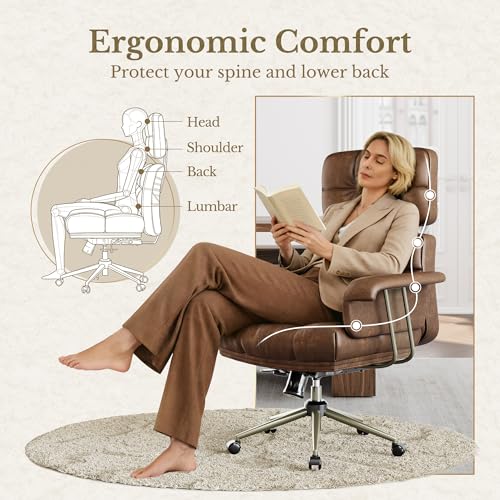 Executive Leather Office Chair - Brown Ergonomic Desk Chair with Thick Cushion & Lumbar Support, Comfy Mid Century Modern Swivel Computer Chair for Home Office - Image 5