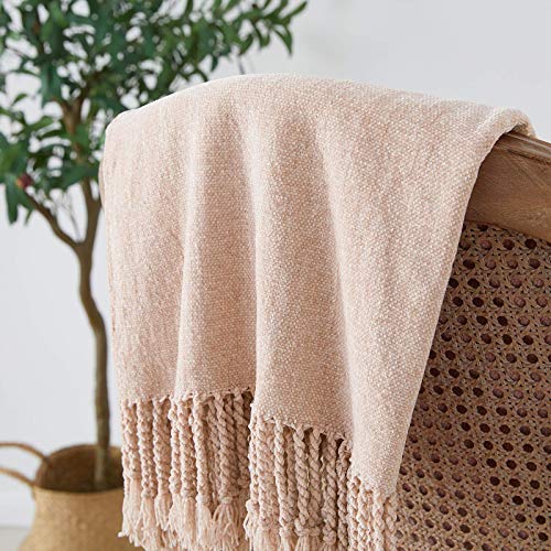 BOURINA Chenille Throw Blanket with Decorative Fringe for Couch Sofa Chair,Pink,127x152cm