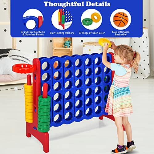 GYMAX Giant 4 in a Row Game, Jumbo Connect 4 Garden Games with 42 Rings, Basketball Hoop, Ring Game & Quick-Release Slider, Outdoor Four in a Row Toys for Kids Adults Family (Red)
