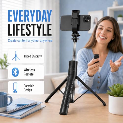 Image of UNBREAKcable Tripod Stand for Mobile Video Shoot & Camera Stand Bluetooth Selfie Stick (Black, Remote Included) R7L