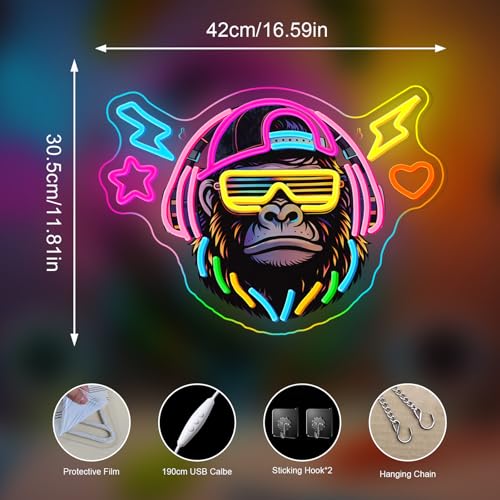 Image of Music Gorilla LED Neon Sign Headphone Monkey Light for Game Wall Decoration | 16.59IN*11.8IN,Five level brightness adjustment,USB power,For Bar,Club,Pub,Men Cave,Living room,Bedroom,Restaurant,Party