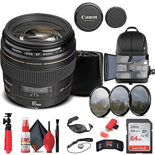 Canon EF 85mm f-1.8 USM Lens (2519A003) + Filter Kit + Backpack + 64GB Card + Lens Pouch + Card Reader + Flex Tripod + Memory Wallet + Cap Keeper + Cleaning Kit + Hand Strap + More