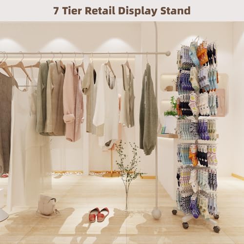 Image of Upgraded Retail Display Stand 7 Tier Spinning Display Stand, Movable Shop Spinner Rack with Hooks, Retail Display Racks for Jewelry Keyring Hats Socks Toys (White)