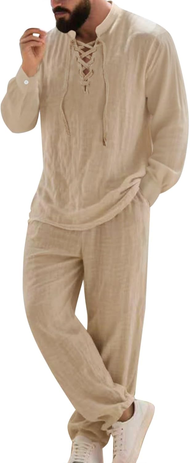 Men's 2 Pieces Cotton Linen Sets Long Sleeve Lace-Up Cuban Henley Shirt Casual Loose Pants Set Beach Vacation Outfits