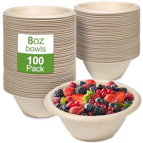GREENESAGE Einweg-Schüsseln, klein, umweltfreundlich, Zuckerrohr, starke braune Schüsseln, biologisch abbaubar, Suppenschalen für Partys, Grillen, Picknick, 100 Stück
