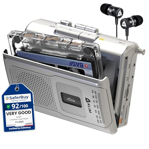 KLIM K8 Cassette Tape Player Portable - Cassette Recorder - NEW Version - AM/FM - Built-in Microphone & Speaker - Headphone Jack & Earphones - Silver