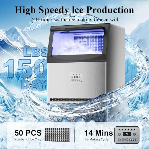 Image of Mountman Commercial Ice Maker,150lbs /24H,50 Cubes in 14 Mins,Stainless Steel Ice Machine with 50lbs Storage Capacity,Self-Cleaning,Water Filter,Under Counter /Freestanding Ice Maker for Cafe,Home