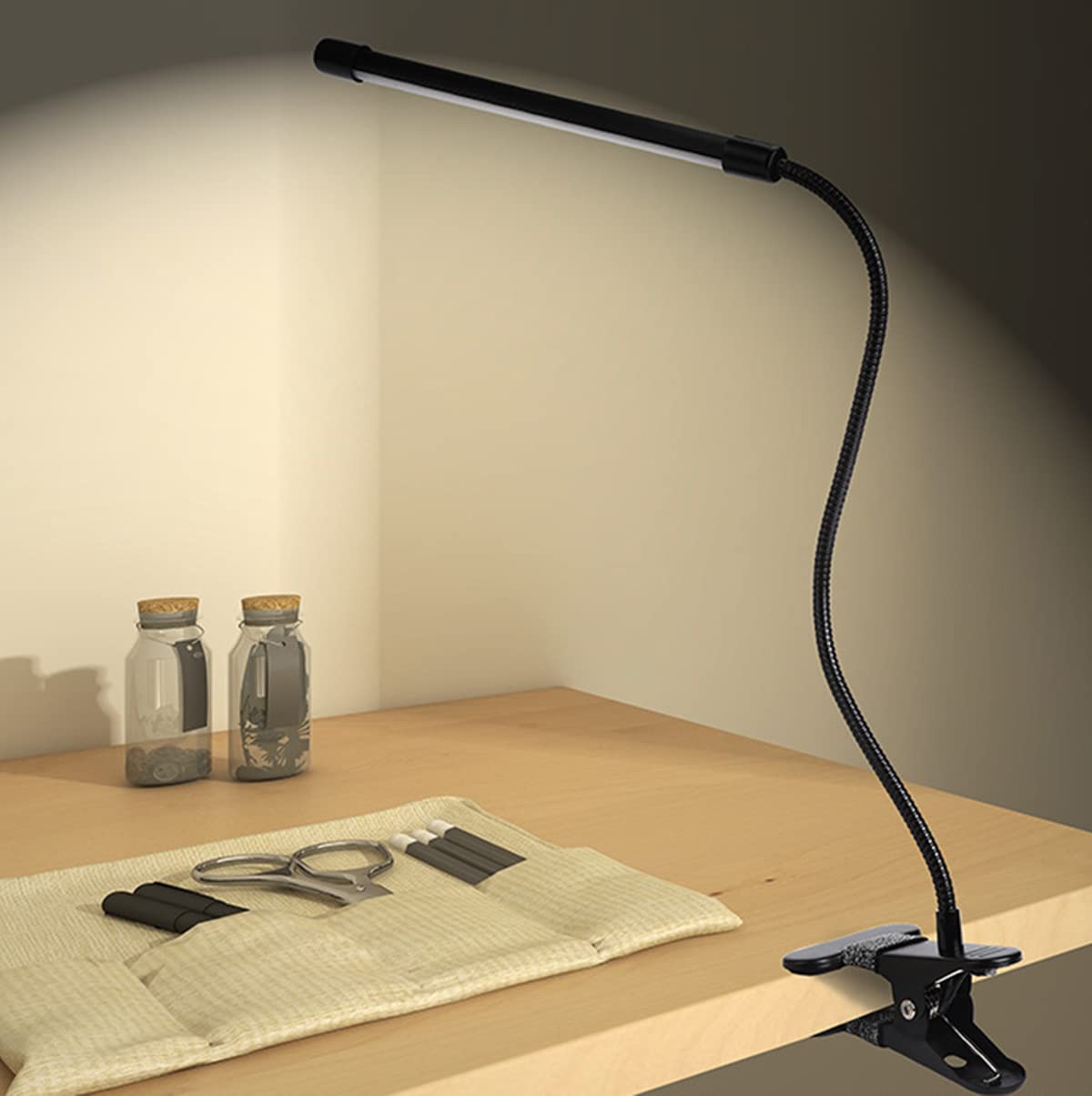 Meichoon Desk Lamp with Clamp Desktop Clip-On LED Illuminating Light Flexible Metal Hose Eye-Caring Table Lamp for Bedroom Bedside Office Study Work Reading Embroidery UK10 Black - Image 4