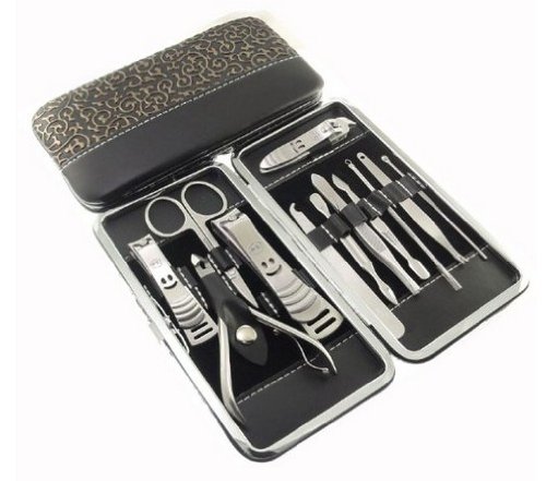 Phenas 12 pc Face and Manicure/pedicure Set Brief Case Clippers Tweezers Nail Care, Leather Travel & Grooming Kit Tungsten Steel Full-function Nail Clipper Set 12 Sets of Nail
