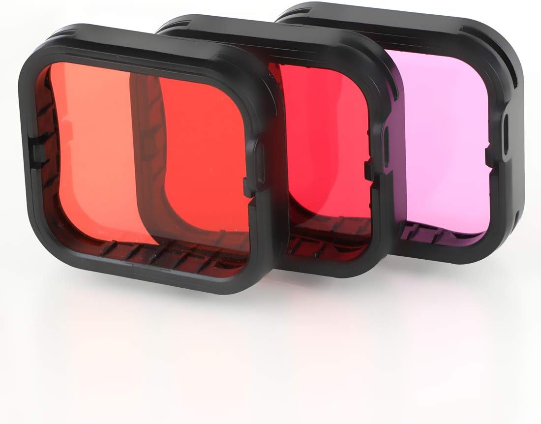 Underwater Camera Dive Filters for GoPro Hero 5, 6 and 7 Black Super Suit Waterproof Housing Case in Red, Light Red, and Magenta, Professional Color Correcting Photography Accessory