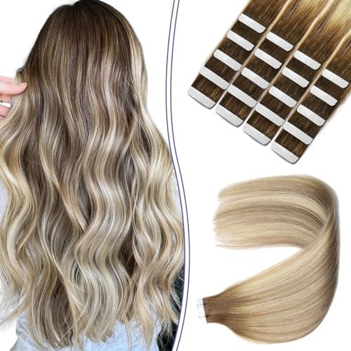 Sindra Tape In Hair Extension 50g 24inch Balayage Ombre Walnut Brown to Ash Brown and Blonde Tape in Remy Hair Extensions 20pcs for Women #3/8/22 24"