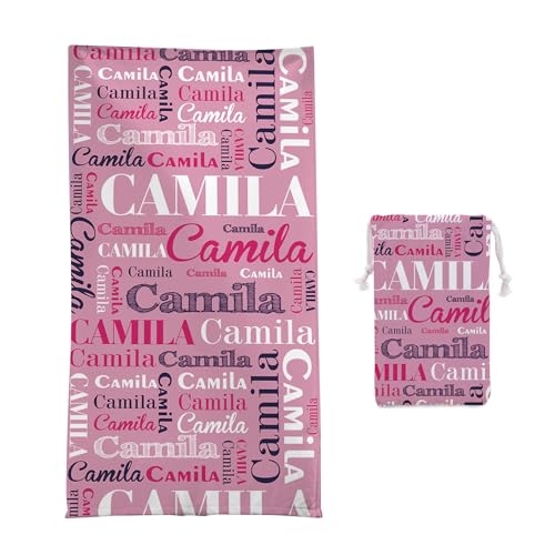KAINSY Personalized Pink Beach Towel with Travel Bag, Custom Name Beach Towel for Kids Adult, Microfiber Oversized Lightweight Absorbent Quick Dry Bath Pool Towel, Gift for Beach and Pool Lovers