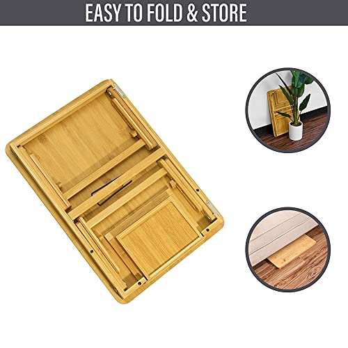 Morvat Bamboo Folding Laptop Lap Desk With Tilting Surface & Magnetic Drawer, Adjustable Writing Table & Bed Tray For Bedroom, Office & Couch, Holds Books Phones & Tablets, Includes Drawing Sketchpad #TOP5