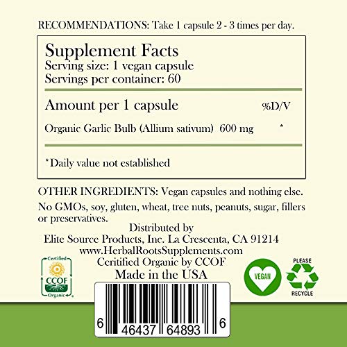 Herbal Roots Organic Whole Bulb Garlic Pills - Potent Extra Strength | 600 Mg - 60 Organic Vegan Capsules | Made In The Usa #TOP1