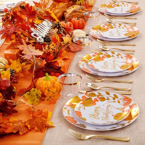 KIRE 150PCS Thanksgiving Plates Dinnerware Pumpkins - Plastic Thanksgiving Plates with Gold Silverware Include 25 for Dinner 25 for Salad 25Forks 25Knives 25Spoons 25Gold Cups KIRE 150PCS Thanksgiving Plates Dinnerware Pumpkins - Plastic Thanksgiving Plates with Gold Silverware Include 25 for Dinner 25 for Salad 25Forks 25Knives 25Spoons 25Gold Cups