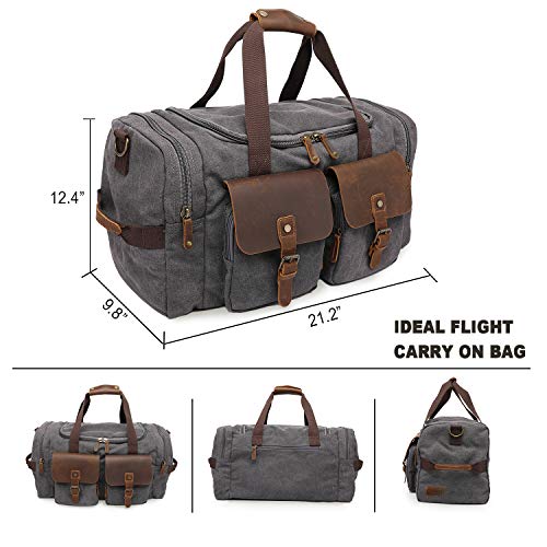 Canvas Duffle Bag, Aocome Overnight Bag for Men and Women Traveling, Genuine Leather Trim Travel Weekender Bag with Shoe Compartment, Large Carryon Luggage Bag With Shoulder Strap