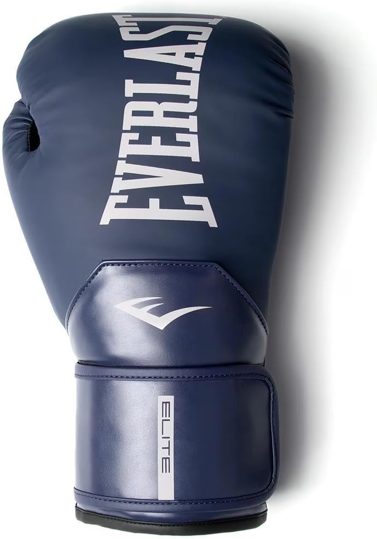 A single navy Everlast Elite 2 Boxing Glove, viewed from the top, showing the Everlast logo and the 'Elite' branding on the wrist strap. The glove appears ready for use.